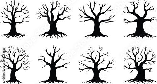 Bare tree silhouette collection, leafless winter forest trees with branches and roots isolated on white background, nature illustration set for landscape design