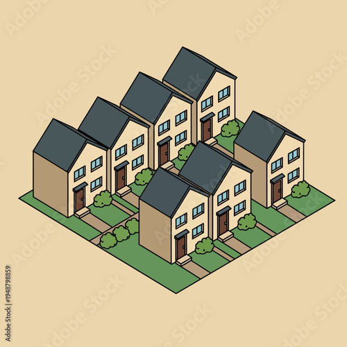 Isometric illustration of a neighborhood with several houses, each with a yard and pathway.
