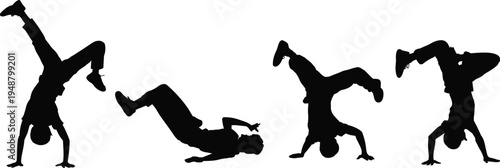 Breakdance dancer silhouettes performing hip hop street dance moves, dynamic b-boy freeze and handstand poses collection isolated on white background for urban sport design