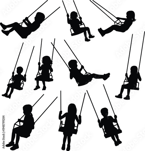 Children on swing silhouettes collection isolated on white background kids playing on playground swing vector set childhood activity illustration