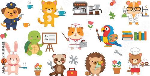Cute Animal Characters in Different Professions Cartoon Vector Set with Doctor, Police, Scientist, Artist, Teacher and Worker Animals