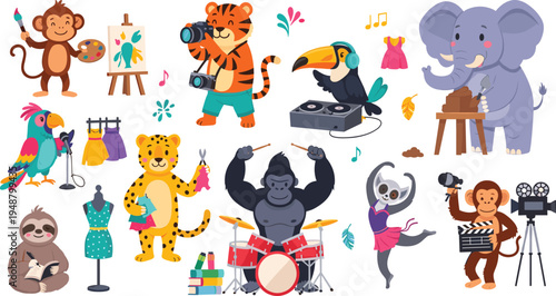 Cute Animal Artists and Musicians Cartoon Vector Set with Monkey Painter, Tiger Photographer, Gorilla Drummer, Elephant Sculptor