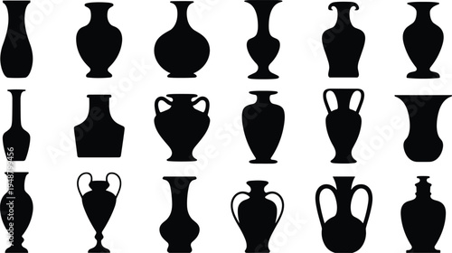 Collection of classic ceramic vase silhouettes set, antique pottery urn shapes, decorative vessel icons isolated on white background for design, logo, and art reference