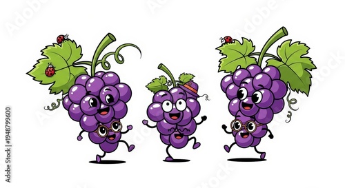 Three cheerful cartoon grape bunches with happy faces and limbs, dancing or running, with ladybugs on their leaves.