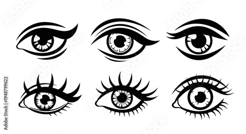 Set of Stylized Eyes with Eyelashes and Eyeliner, Vector Graphics