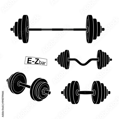 Set of black weightlifting equipment silhouettes: barbell, EZ curl bar, dumbbells