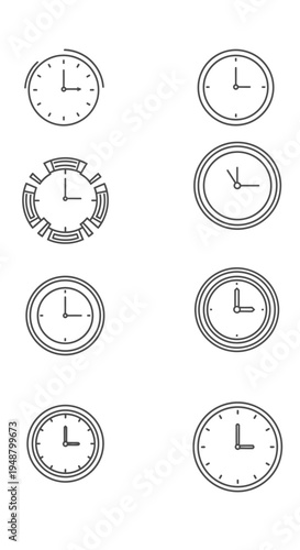 Set of Clock Icons, Time Symbols, Round Watch Faces, Minimalist Design