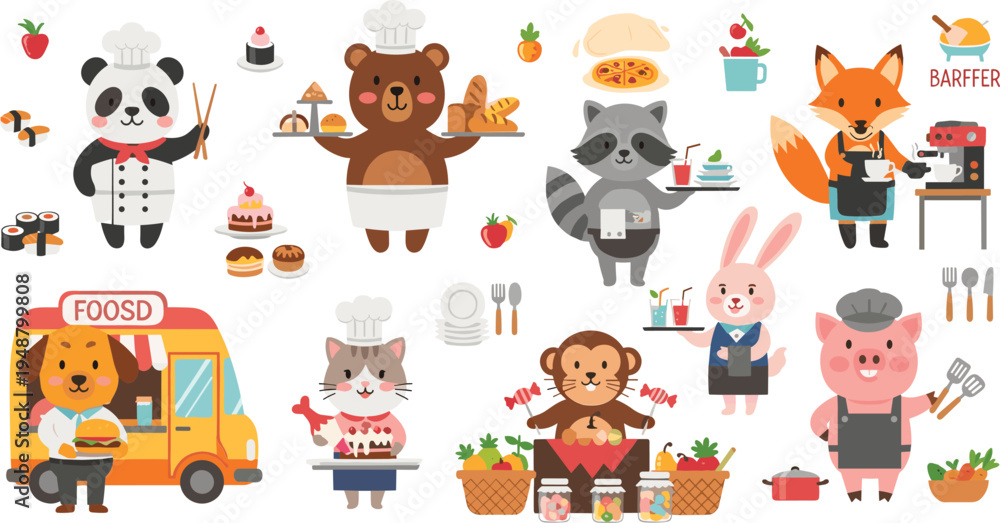 Fototapeta premium Cute Animal Chefs and Food Vendors Cartoon Vector Set with Panda, Fox, Bear, Rabbit Cooking Characters