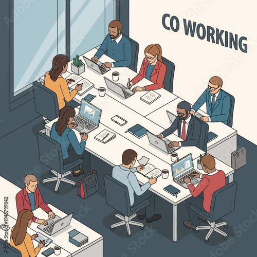 Illustration of a co-working space with people working on laptops and computers.