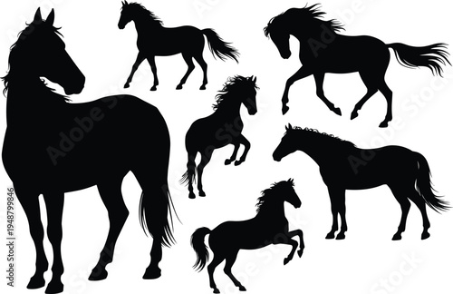 Horse silhouettes collection isolated on white background wild stallion and running horse poses vector set equine animal illustration for logo design stencil