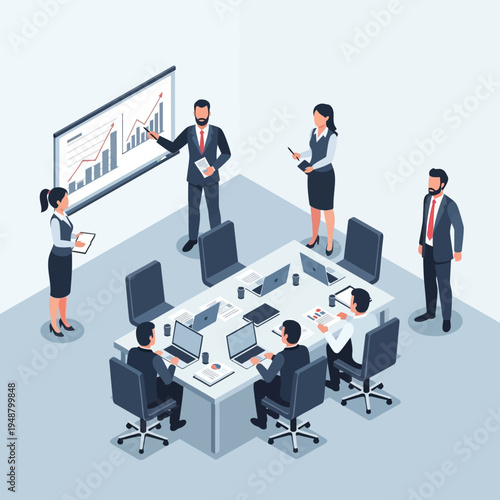 Isometric view of a business meeting with people around a table and a presentation.