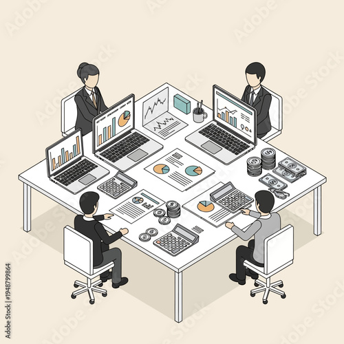 Isometric illustration of business professionals collaborating around a table, analyzing financial data and reports.