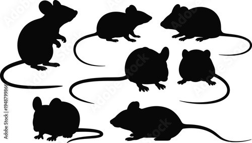 Mouse silhouettes collection isolated on white background small mouse poses vector set rodent animal illustration for logo design stencil