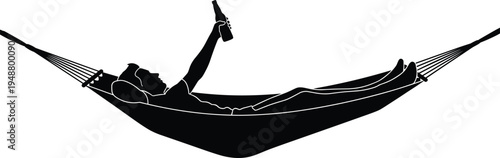 Man relaxing in hammock holding beer bottle silhouette, summer vacation leisure lifestyle concept, отдыхающий мужчина отдых в гамакеMan relaxing in hammock holding beer bottle 