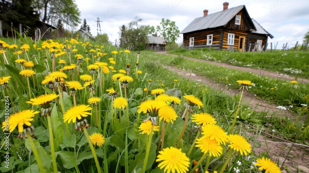 Obraz premium Vibrant Dandelions Blooming in a Lush Green Field Near a Rustic Wooden House in the Countryside
