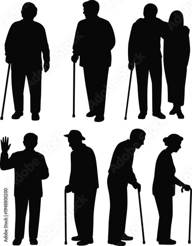 Senior people silhouettes collection isolated on white background elderly men and women with walking cane standing and walking vector illustration set