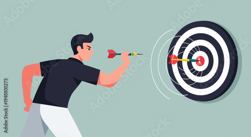Man throwing dart at bullseye on dartboard, aiming for target, focus, precision, sport, hobby, success concept