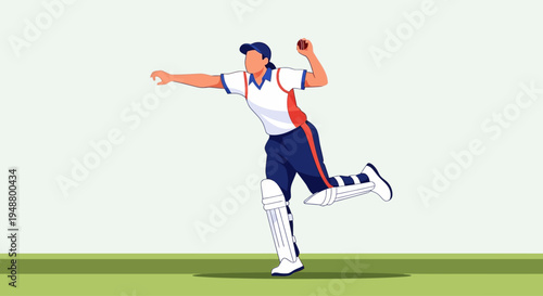 Female cricket bowler in action, mid-throw, wearing traditional kit on a green field.