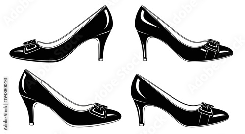 Elegant Black Patent Leather High Heels with Buckle Detail - Set of Four