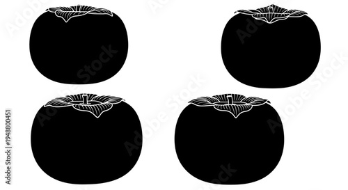 Four Black Persimmons Silhouette, Isolated on White Background, Minimalist Fruit Illustration