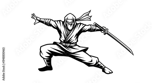 Dynamic Ninja Warrior with Katana Sword in Combat Stance