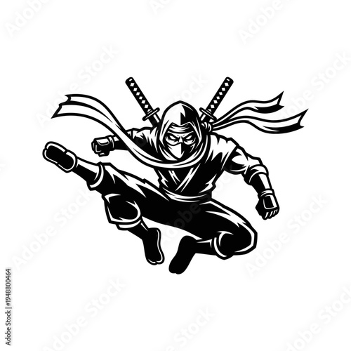 Dynamic Ninja Warrior in Action Pose with Swords, Black and White Illustration