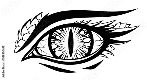 Dragon Eye Black and White Illustration - Fierce Gaze, Reptilian Symbol