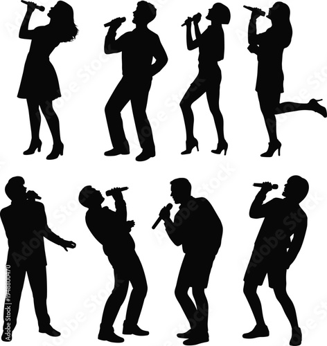 Singer silhouettes collection isolated on white background male and female singers performing with microphone vector set music performance illustration