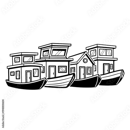 Cartoon Houseboats Lined Up, Waterfront Living Concept, Simple Line Art