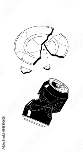 Broken Plate and Crushed Can: Symbol of Waste and Discarded Items