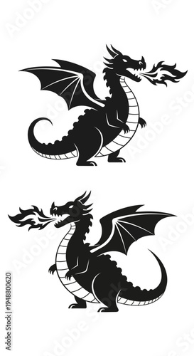 Black Dragon Silhouette Breathing Fire, Mythical Creature Illustration