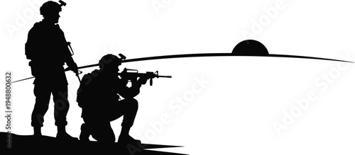 Military soldiers silhouette standing and kneeling with rifles at sunset isolated on white background, army combat mission vector illustration set.