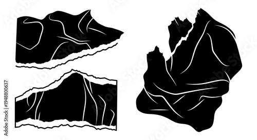 Black Crumpled Paper Texture, Torn Edges, Abstract Grunge Background