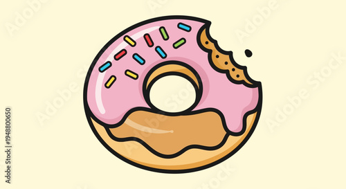 Bitten Pink Frosted Donut with Colorful Sprinkles on Light Yellow Background