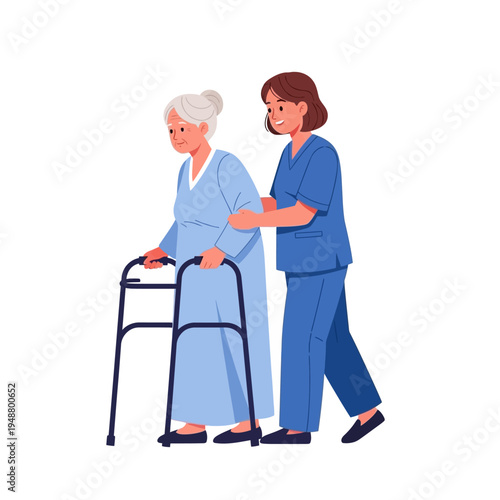 Nurse Assisting Elderly Woman Walking with Walker Illustration