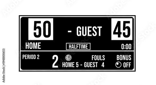 Basketball Scoreboard Halftime Score Home 50 Guest 45 Period 2