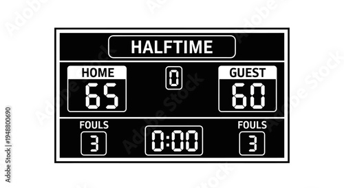 Basketball Halftime Scoreboard Displaying Home 65, Guest 60 and 0:00 Time