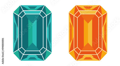 Two faceted gemstones, emerald cut, teal and orange, isolated on white background, luxury, precious