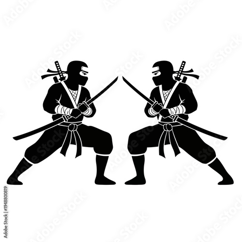Two Ninjas in Combat Stance with Swords, Silhouette