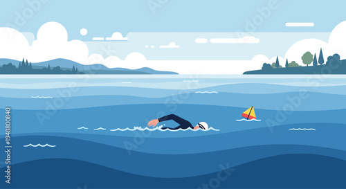 Triathlete swimming in open water with buoy and distant shoreline, blue sky and clouds
