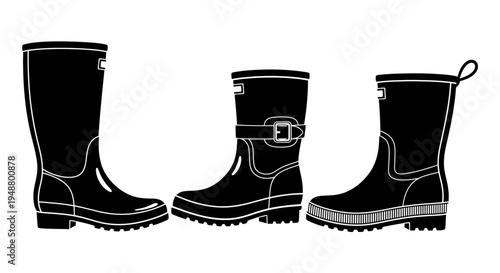 Three Black Rubber Rain Boots Silhouette Isolated on White Background