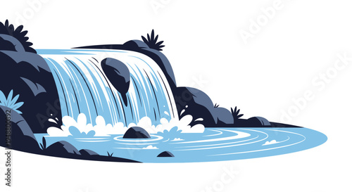 Stylized Waterfall Illustration with Rocks and Lush Greenery