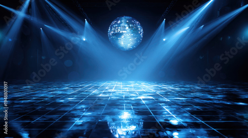 Vibrant blue disco background features dance floor illuminated by beams of light, with large mirror ball reflecting atmosphere of excitement and energy