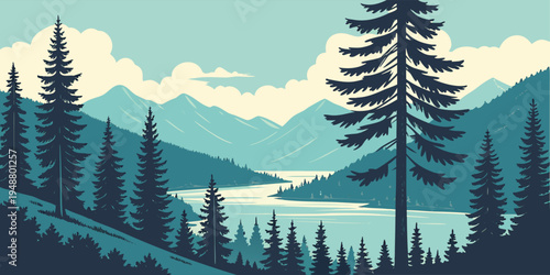 Flat design vector of a dense coniferous forest leading to a bright blue mountain lake