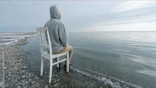 Hooded figure sits on a weathered white chair near the bleak shore. Vast water expanse extends under an overcast sky, embodying profound isolation, quiet contemplation, deep melancholy.