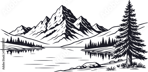 Simple vector lake and mountain landscape for poster design