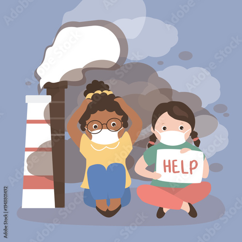 Effect of Air Pollution. Unhappy kids in masks because of fine dust PM 2.5, multi ethnic girls wearing mask against smog. Fine dust, air pollution, industrial smog protection