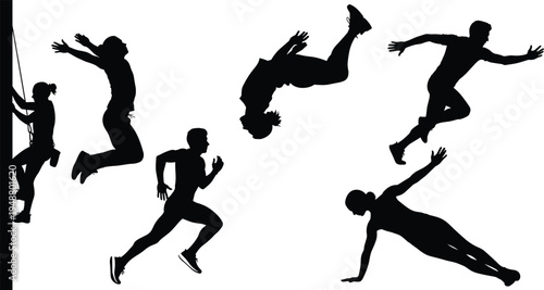 Parkour silhouettes in motion, climbing, jumping, running, flipping, diving, sliding, extreme sport, agility, strength, fitness, adventure, urban movement, energy