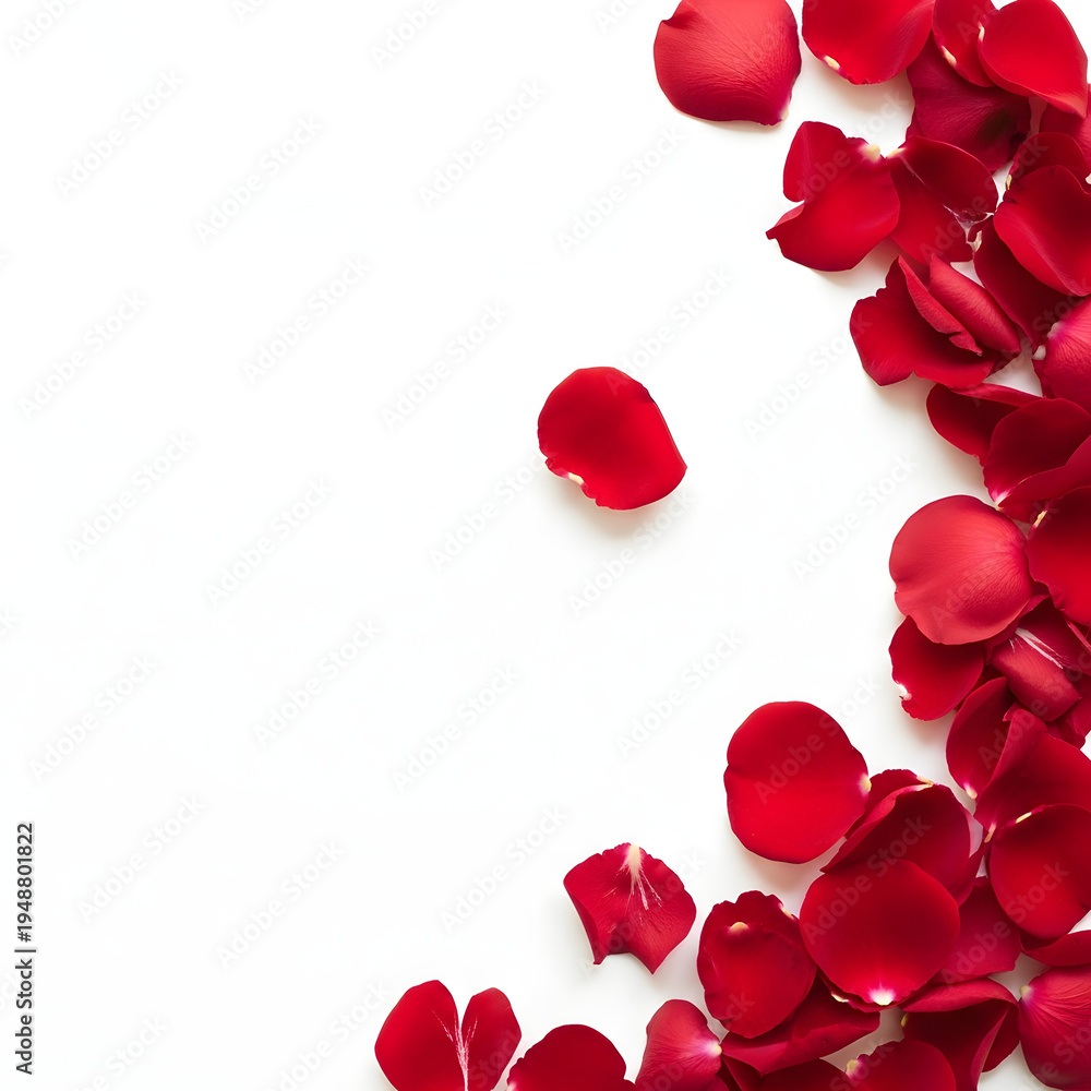 Fototapeta premium Vibrant red rose petals scattered on white background for floral design and decoration