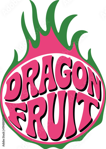 Vibrant dragon fruit illustration with stylized leaves and text
